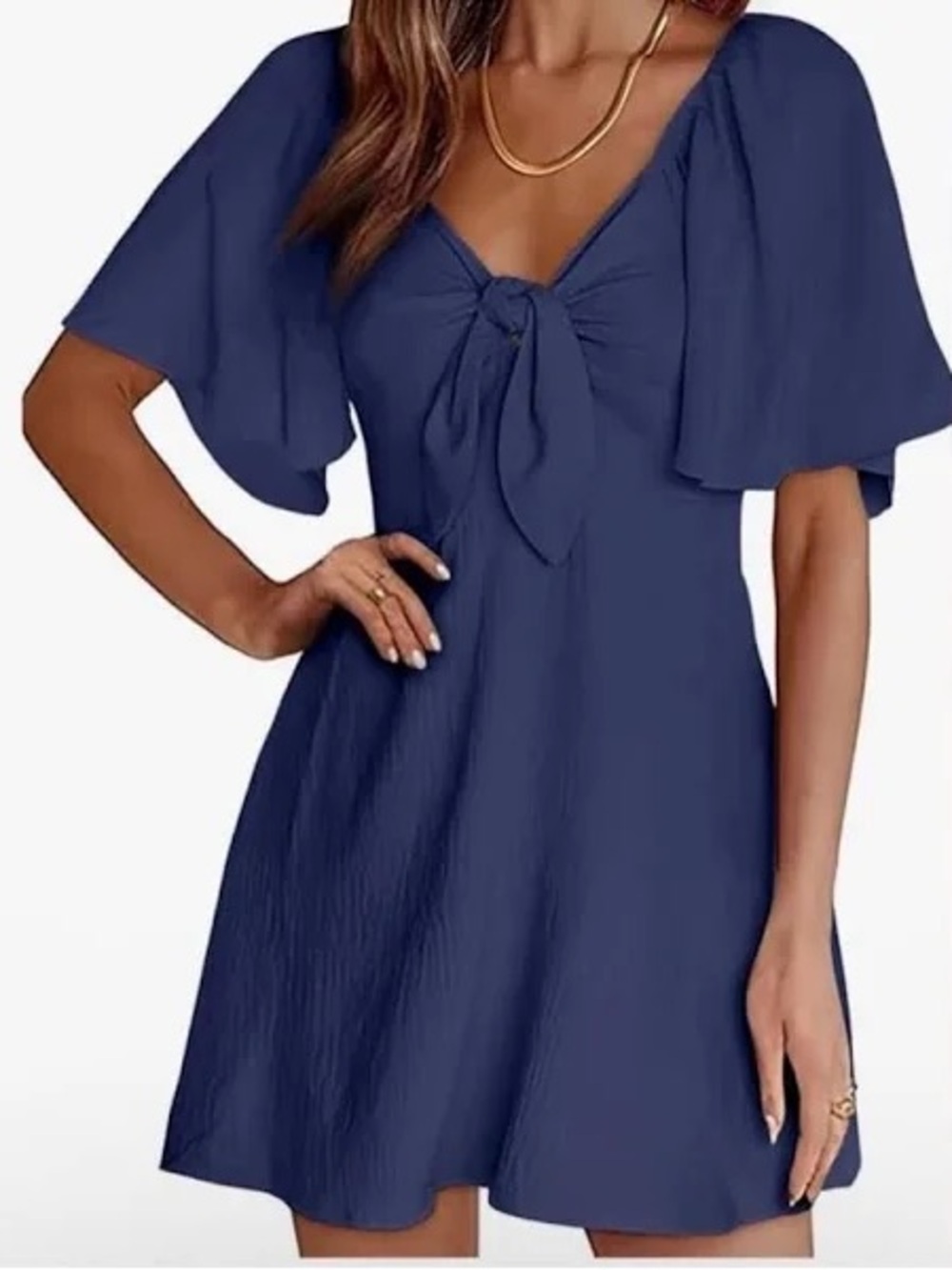Navy Tie-Front Flutter Sleeve Mini Dress